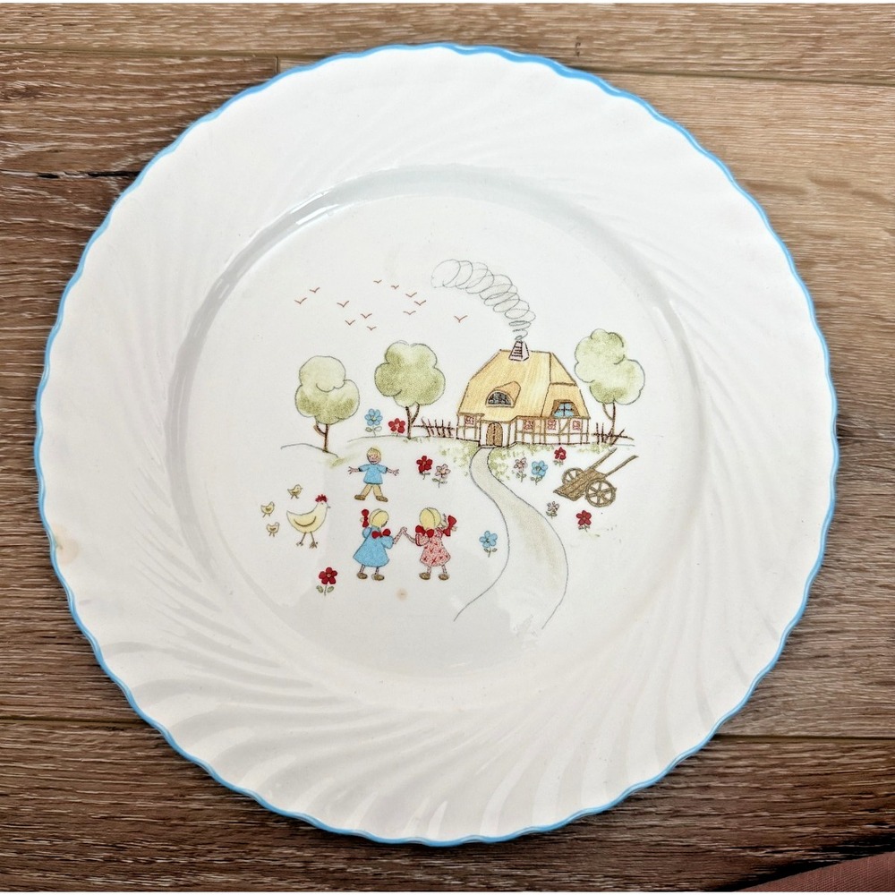 Vintage Nuova Fontebasso Italy Terraglia Forte Farmhouse Cottage Plate Blue Rim